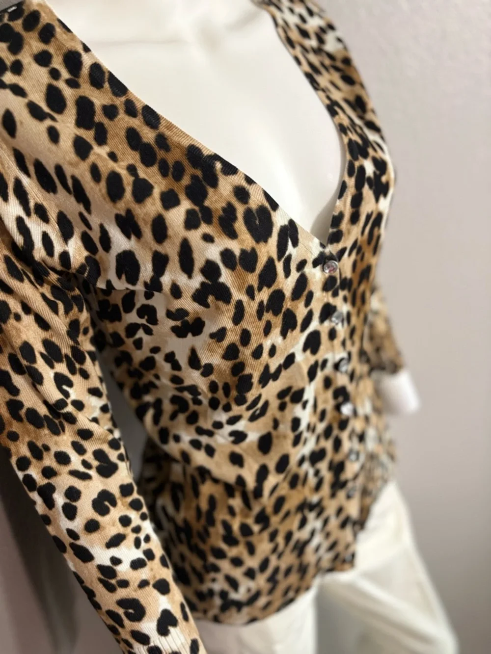 Premise Leopard Print Button-Front Cardigan in Tan Black Cream - Picture 2 of 5